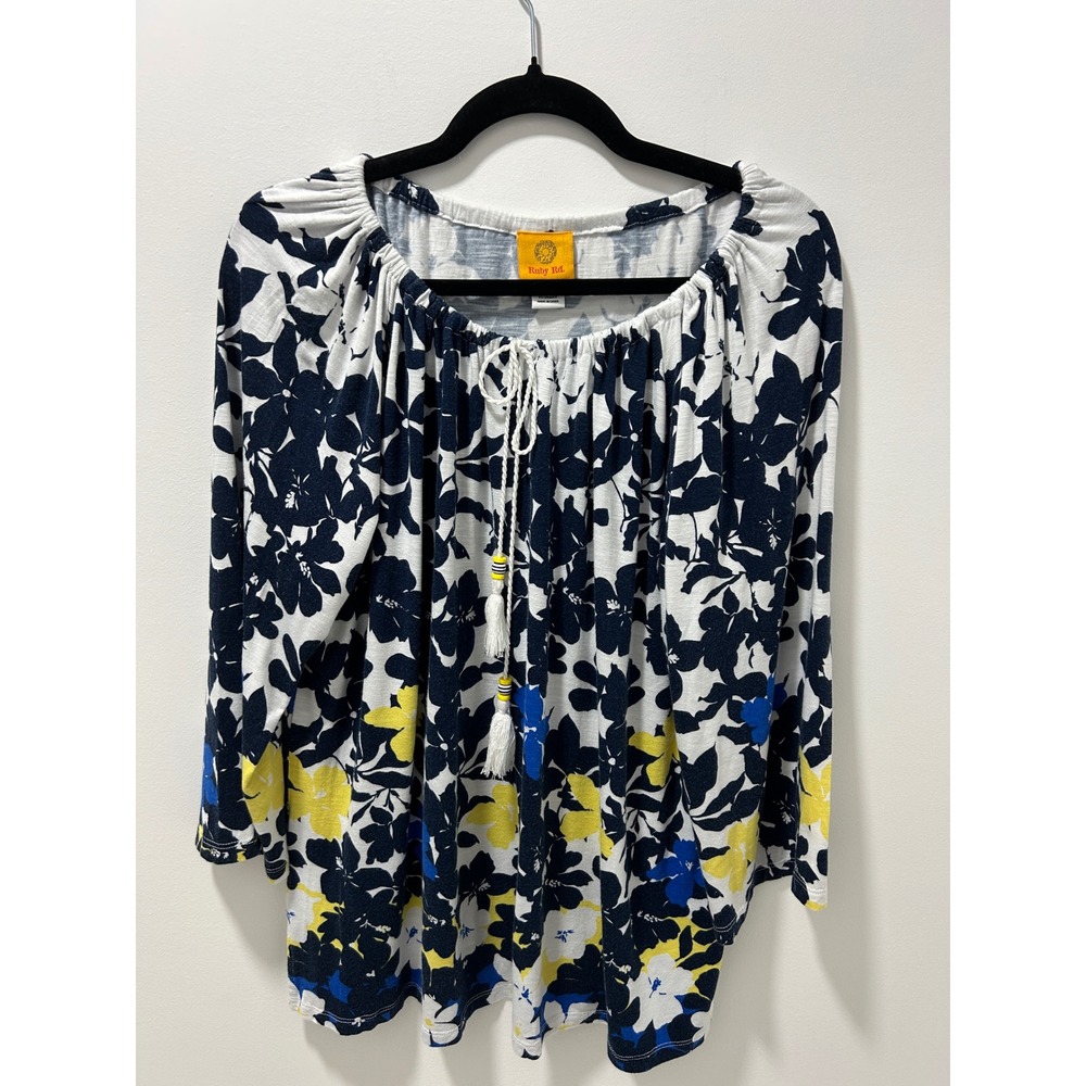 Ruby Rd Womens XL Floral Boho‎ Top Navy Blue Yellow Tassel Tie 3/4 Sleeve Blouse